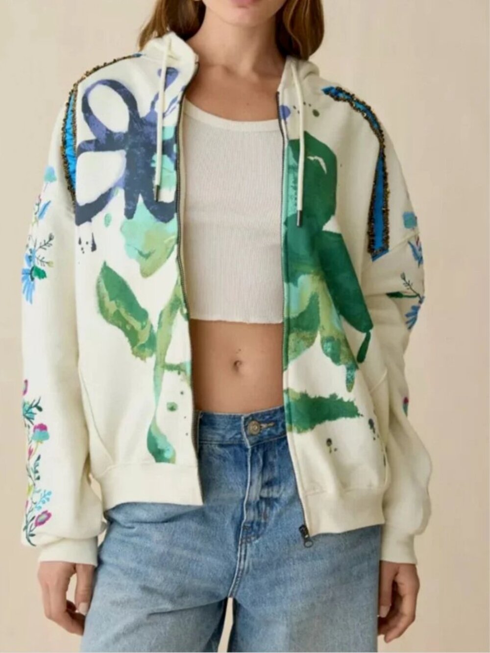 NWOT Urban Outfitters BDG embroidered Sequins Beaded Zip Hoodie Sweatshirt